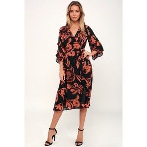 Lulus Highlight of my Life Orange and Black Floral Print Wrap Dress Size Small